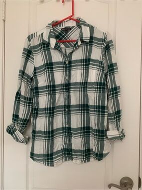 EUC J. Crew Mercantile Plaid Button Front Shirt Size Large Green White Cotton